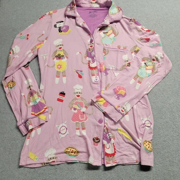 Nick & Nora 2-piece PJ Coat Set Baking Monkey Monkies Size X-Small Pink - Picture 6 of 16